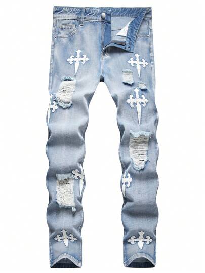Herren Mode Gerade Jeans mit gesticktem Kreuz, Jugendliche Straight-Leg Jeans mit Street-Cross-Stickerei, Herren Gerade Jeans mit Rissen für alle Jahreszeiten, Herren Jeans, Emo Stil