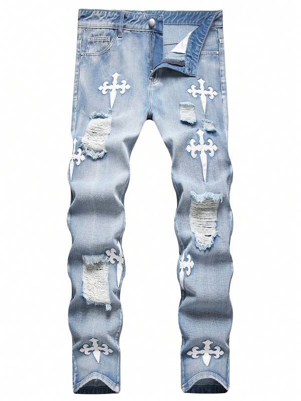 Men's Fashion Embroidered Cross Straight-Leg Jeans, Youth Street Cross Embroidered Straight-Leg Jeans, Men's Ripped Straight-Leg Jeans For All Seasons, Men's Jeans, Emo Style