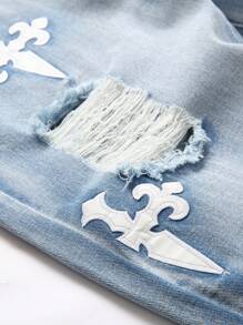 男士时尚十字绣直筒牛仔裤，青春街头十字绣直筒牛仔裤，男士四季破洞直筒牛仔裤，男士牛仔裤，emo风格 - 中等水洗藍 - 查看 6