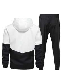 1 Set Men Spring Autumn Casual Sporty Letter Graphic Print Hooded Jacket And Drawstring Pants Tracksuit - Black - View 2