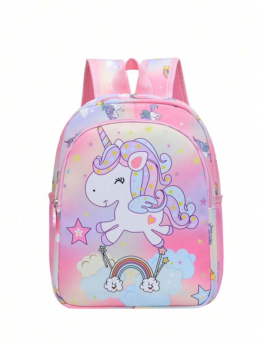 low tea 1pc Cartoon Unicorn Print Nylon Zipper Closure Cute Backpack, Suitable For Daily Use Luggage, School Bag, Toddler Backpack, School Bag, Bag, Bag School, Backpack, Backpack, School Backpack, Rucksack, Small Backpack, Mini Backpack Perfect For School, Travel Bag - Pink - View 1