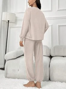 Bộ đồ ngủ 2 món bằng vải thun co giãn màu trơn, in chữ cho nữ mặc ở nhà mùa xuân/thu - Màu be - Xem 2