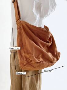 1 pieza Bolsa de lona vintage lavada de gran capacidad en color marrón, bolso de hombro con cierre de cremallera, sencillo y casual, versátil, apto para uso diario, escuela, estudiantes universitarios, viajes, bolso bandolera plegable - Marrón - Ver 2