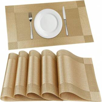 Placemats Set Of4/ 6/10, Place Mats For Kitchen Dining Table, Heat-Resistant Anti-Skid Stain Washable PVC Table Mats, Easy To Cleaning Woven Vinyl Dinner Mats, Gold