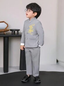 2 件套年轻男孩正式西装外套 + 裤子套装，表演服，花童服，适合婚礼、学校典礼、秋季 - 灰色 - 查看 4