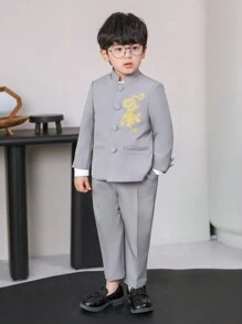 2 件套年轻男孩正式西装外套 + 裤子套装，表演服，花童服，适合婚礼、学校典礼、秋季 - 灰色 - 查看 2