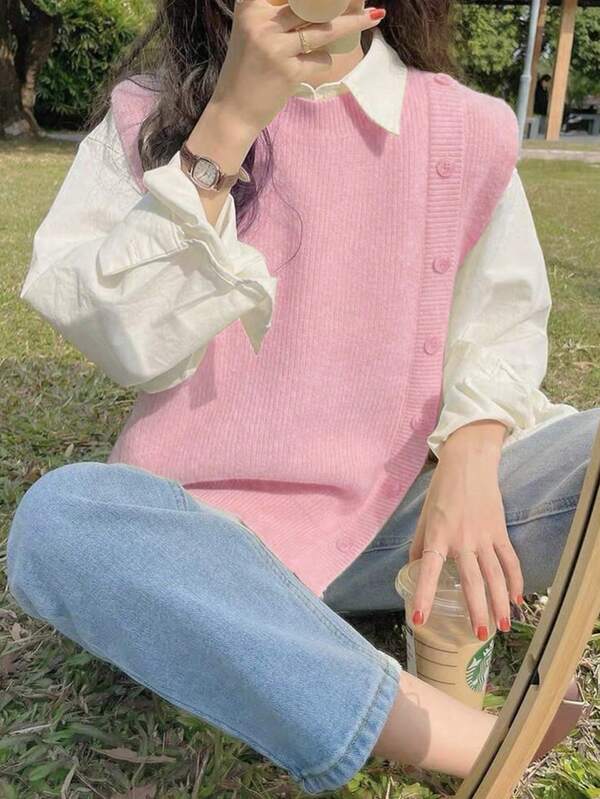 Suéter de tricô feminino com gola redonda e fenda na barra, ideal para Natal e Ano Novo.