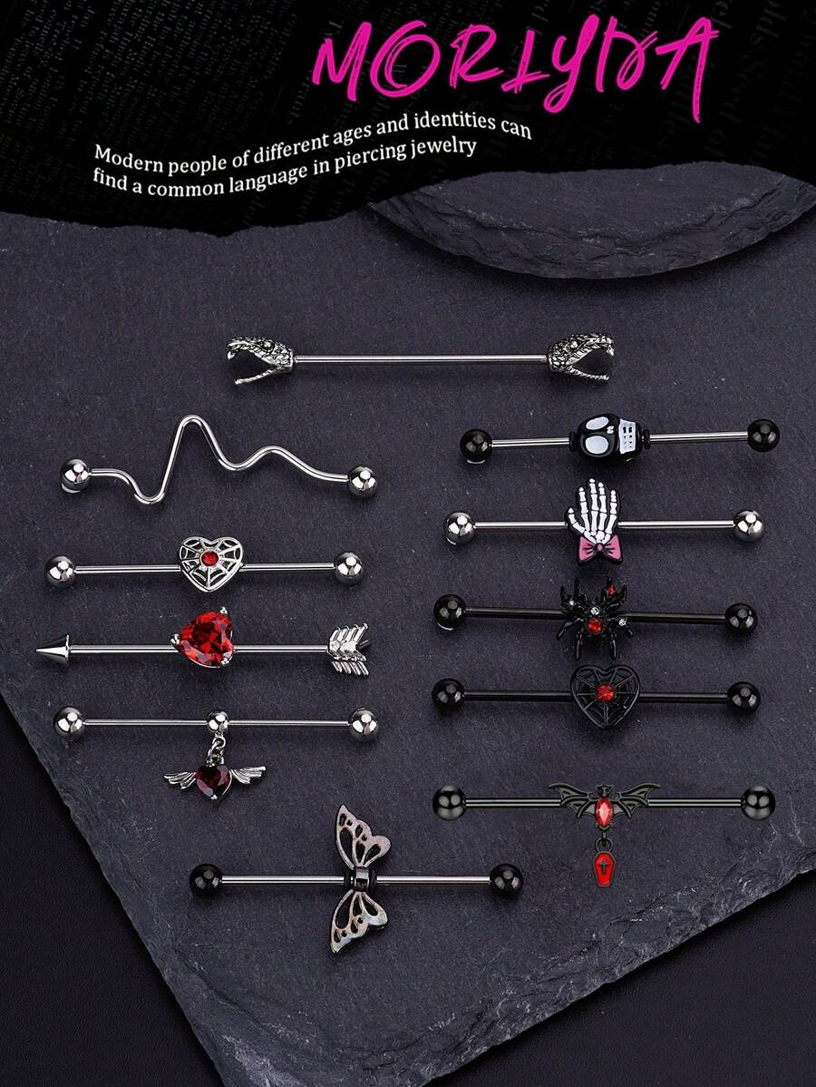 1pc Y2k Goth Skull Spider Industrial Piercing Jewelry 14G 316L Stainless Steel Chain Industrial Earrings For Women Halloween Heart Butterfly Industrial Bar Piercing Cartilage Helix Piercing Earrings Dragon Industrial Barbell Body Piercing Jewelry 38mm 1&1/2 Inch Industrial Piercing Bar For Halloween Gift Party Daily Wear Valentines