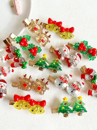 2pcs Women's Christmas Glitter Santa Claus, Christmas Tree, Snowman, Deer Cane, Bell Hairclips, Christmas Decorative Hairpins, Bohemian Casual Cute Party Accessories, ABS(ABS Resin), Hair Accessories