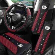 4pcs Shiny Rhinestone Crown Design Steering Wheel Cover, Armrest Pad, Shoulder Pads