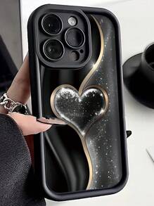 1pc Gold Metallic Heart Tiered Thick Edge Shockproof TPU Protective Case Compatible With Iphone 16 PROMAX/16 PRO/16/16 PLUS,11,15 PROMAX, 14 PROMAX/Galaxy, Samsung/Honor, X7B, X8B/S24/S24U/23U/A55/A54/A13/A14 - Black - View 1