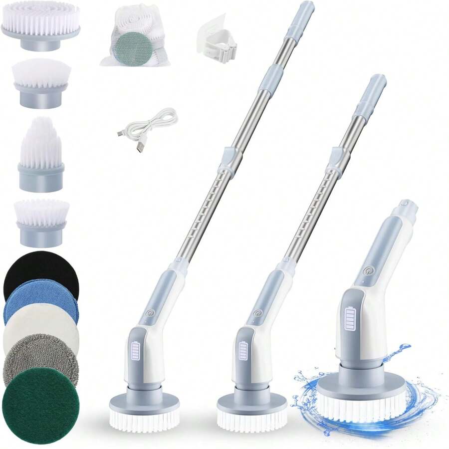 Electric Cleaning Brush, Electric Cleaning Brush, 2 Adjustable Speeds, Electric Cleaning Brush With 9 Drill Brush Heads, Battery-Powered Cleaning Brush With Adjustable Handle For Bathroom, Kitchen - 藍色 - 查看 1