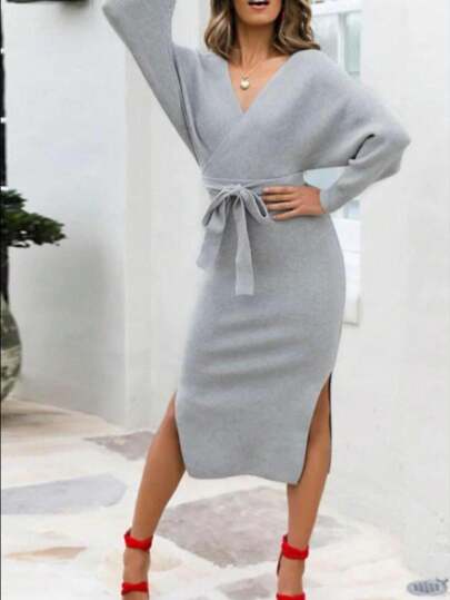 Neues Strick-Enges Kleid für Herbst/Winter, V-Ausschnitt Langarm Schlitz Pulloverkleid