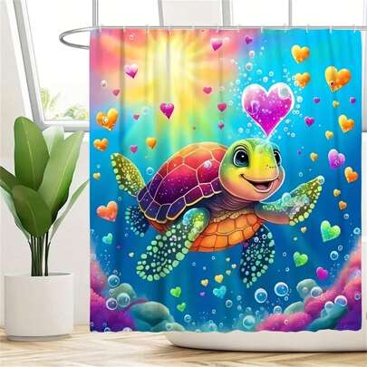 1 pieza Cortina de ducha de tortuga con corazón de dibujos animados vibrante - Artículos esenciales para el baño a prueba de agua con 12 ganchos, y decoración del hogar - Accesorios de baño completos para un espacio divertido y funcional Decoración de otoño para el hogar Decoración de vuelta al colegio