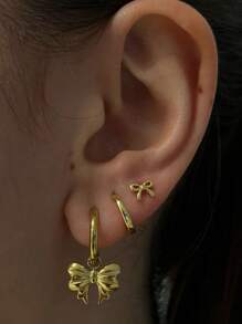 3pcs 14K Gold Plated Earring Set, Includes Bow Pendant Earrings, Fashion Jewelry Gift For Women - Gold - View 4
