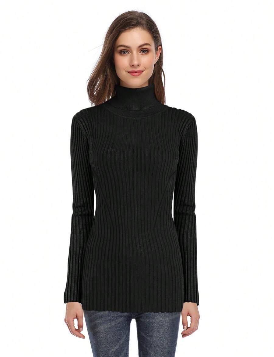 Women's High Neck Long Sleeve Elastic Knitted Slim Fit Pullover Sweater - 黑色 - 查看 1