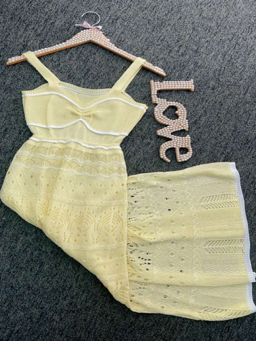 Long Lace Striped Dress With Lining And Tricot Details - 黃色 - 查看 1