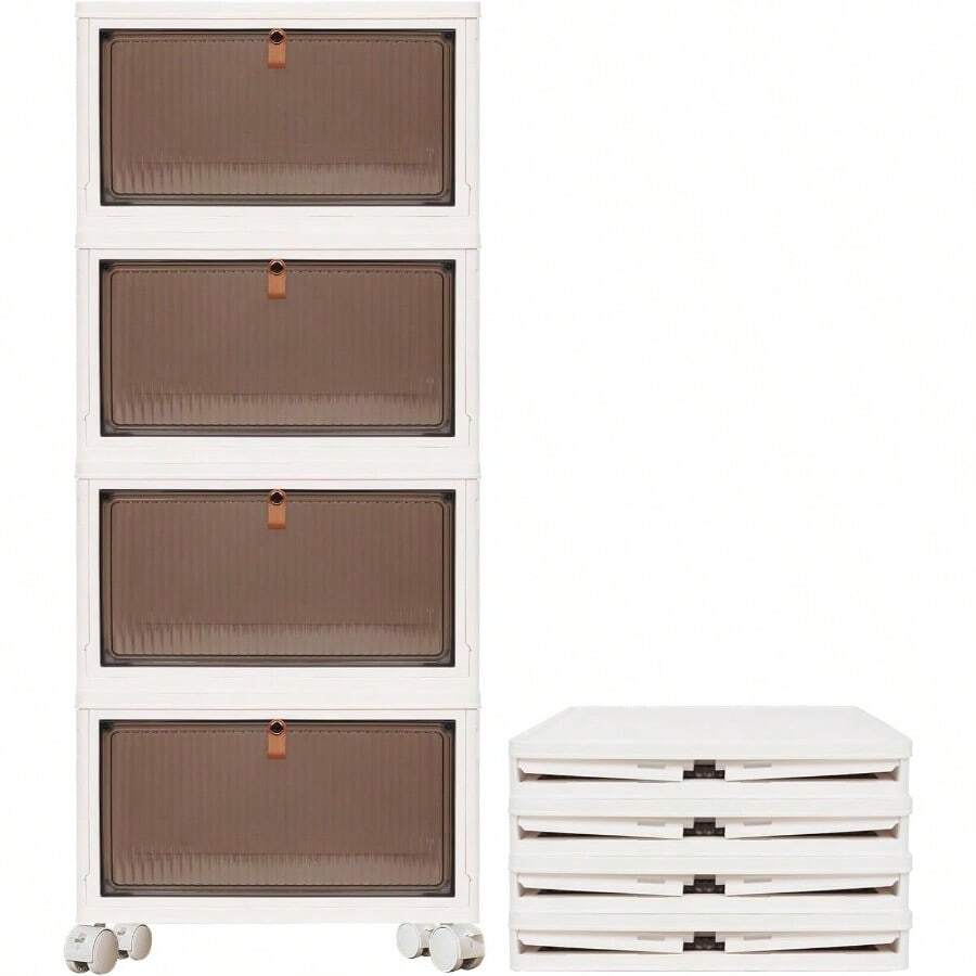 4 Tier Folding Storage Box,Plastic Collapsible Storage Box With Wheels,Stackable Storage Boxes With Lids And Front Opening Door,Storage Container For Room Bedroom Kitchen Office 43.5*31.5*28cm - White - View 1