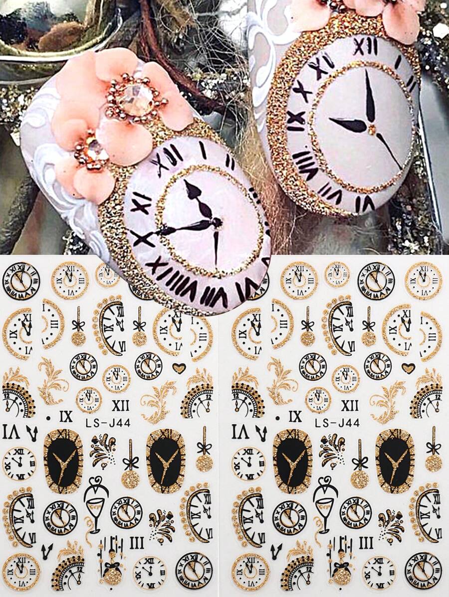 2 包时钟闪光圣诞美甲贴纸，金色闪光酒杯时钟烟花圣诞球新年图案闪亮圣诞快乐派对美甲装饰自粘贴纸美甲沙龙配件 DIY