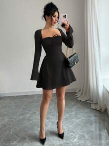 abyoxi Black Color Chest Pleated Short Dress, Side Design, Pure Desire Style, Outdoor Dressing, Internet Famous Spicy Girl,Wedding Dating,Christmas Day, Valentine's Day,Back To School,Fall/Winter Clothes For Women