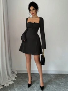 abyoxi Black Color Chest Pleated Short Dress, Side Design, Pure Desire Style, Outdoor Dressing, Internet Famous Spicy Girl,Wedding Dating,Christmas Day, Valentine's Day,Back To School,Fall/Winter Clothes For Women