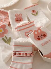 8 双女士粉色系列可爱卡通兔子和花卉提花条纹蕾丝边中筒袜，适合日常穿着