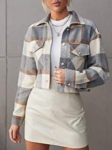Chaquetas a cuadros abrigo para mujer de moda chamarras casual solapa de manga larga de un solo pecho corta Acogedora informal  de otoño invierno - Gris Claro - Ver 5