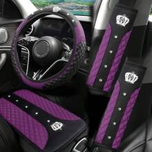 4pcs Shiny Rhinestone Crown Design Steering Wheel Cover, Armrest Pad, Shoulder Pads
