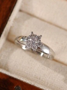 礼盒方晶锆石花朵装饰简约时尚结婚戒指，适合女性婚礼、情人节礼物