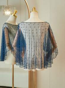 1pc Women Short Bridal Pearl Shawl, Simple High Low Mesh Cape Wrap Pullover Style Fall Clothes For Women