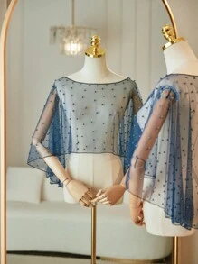 1pc Women Short Bridal Pearl Shawl, Simple High Low Mesh Cape Wrap Pullover Style Fall Clothes For Women