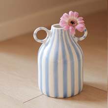 1 pieza Jarrón de cerámica con rayas pintadas a mano de estilo sencillo y flores, decoración para arreglos florales de mesa, decoración del hogar, cocina, boda, mesa, oficina, jardín y exteriores