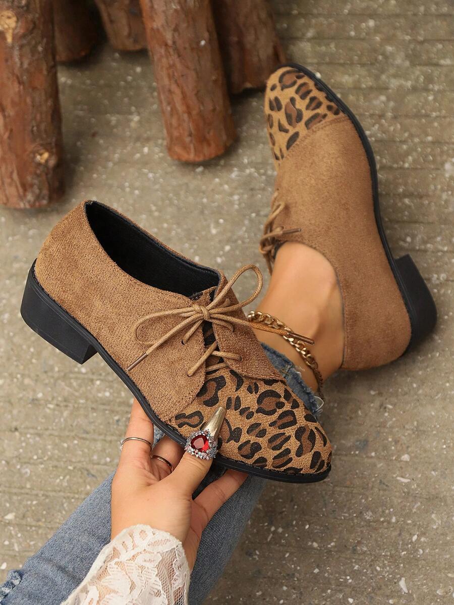 女士秋季乐福鞋，一脚蹬前系带装饰圆头平底鞋，豹纹，优雅日常穿着 - 彩色 - 查看 1
