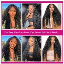 Deep Wave Lace Front Wigs Human Hair 13x4 HD Lace Front Wigs Human Hair Pre Plucked Brazilian Deep Wave Wig Human Hair Glueless Frontal Wigs Human Hair Deep Wave Wig 200 Density - 黑色 - 查看 6
