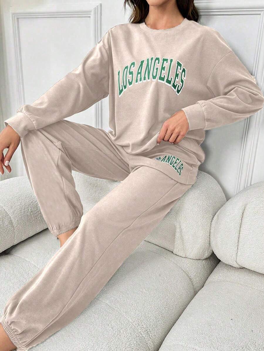 Bộ đồ ngủ 2 món bằng vải thun co giãn màu trơn, in chữ cho nữ mặc ở nhà mùa xuân/thu - Màu be - Xem 1