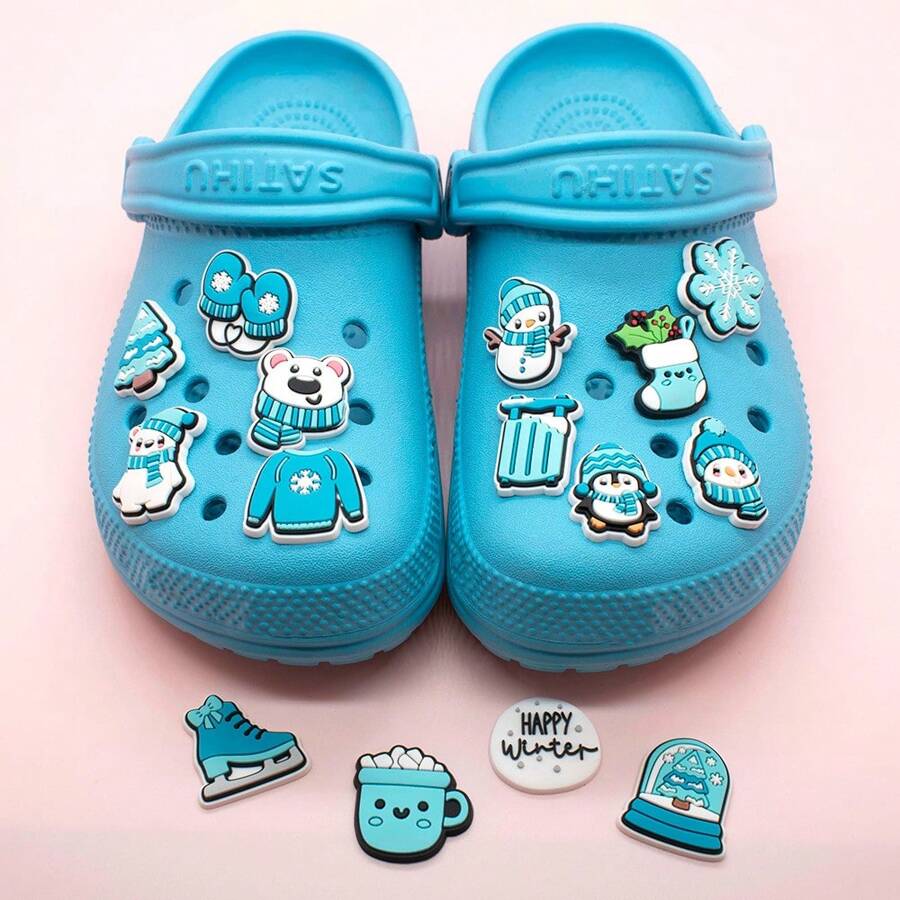 15pcs Winter Wonderland Shoe Charms Set For Clogs Bubble Slides Sandals, PVC Shoe Decorations Beach Bag Accessories Gift Idea For Birthday Christmas Halloween Party Favors