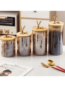 1 件鹿头手柄食品罐、咖啡玻璃储物罐、琥珀色密封茶罐、食品奶粉糖容器、厨房储物罐、家居装饰、谷物、杂货和咖啡豆、厨房用品