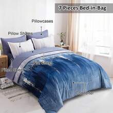 7 Pieces Comforter Set Queen King Navy Blue Bed In A Bag Abstract Gradient Comforter Dusty Blue Soft Microfiber Bedding Sets With Comforter, Flat Sheet, Fitted Sheet, Pillow Shams,Pillowcases - 藏蓝色 - 查看 2