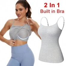 2 In 1 Built In Bra Women Cami Vest Camisole Tank Top Underwear Undershirts Sports Yoga Casual Padded Bra - 灰色 - 查看 1