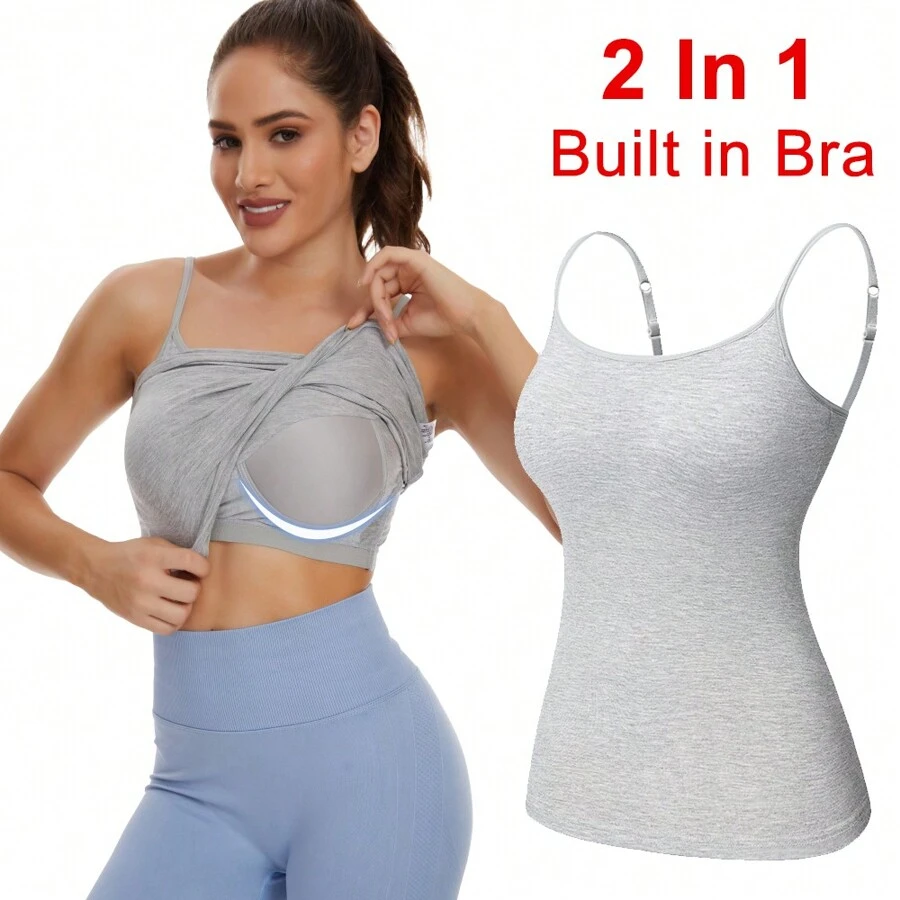2 In 1 Built In Bra Women Cami Vest Camisole Tank Top Underwear Undershirts Sports Yoga Casual Padded Bra - 灰色 - 查看 1