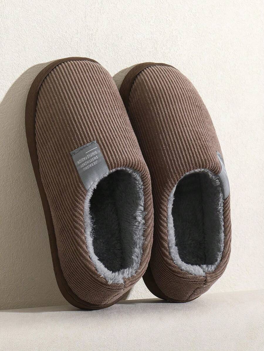 女士竖条纹保暖内衬室内拖鞋防滑舒适保暖情侣装秋冬 - 咖啡棕 - 查看 1
