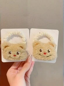 2 件装可爱毛绒黄油熊发夹发夹少女心卡通头绳皮革发带马尾辫发饰趣味配饰 - 黃色 - 查看 11