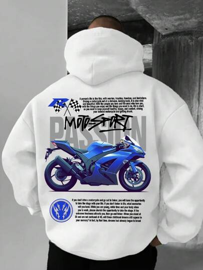 Men's Creative Motorcycle Printing Casual Sports Commuting All-Match Letter Long-Sleeved Hooded Pullover Sweatshirt, For Fall