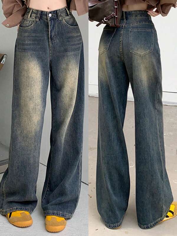 Jeans Longa Feminina, Cintura Alta, Emagrecedora, Lavagem Vintage, Desgastada