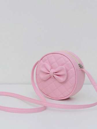 1st Girl Pink PU-axelväska med bowknot-dekor, moderiktig casual liten rund crossbody-väska med dragkedja, lämplig för daglig användning hela säsongen