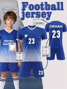 Customized Children's And Teenagers' Football Set (8-12 Years Old) - Personalized Jersey And Shorts Set With Customizable Logos, Numbers, And Text Content. Customized Football And Running Jerseys | Freely Printed Name And Number Team Badges | Multiple Colors To Choose From, Sports Training, Running, Football, Outdoor Casual Wear - Blue - View 3
