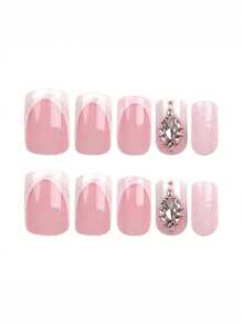 24 件中号方形按压式指甲，法式渐变色白色和粉色闪光闪亮水钻设计假指甲，简约优雅风格假指甲，适合日常使用 - 粉色 - 查看 4