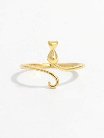 Vaerine 1pc Creative, Cute, Romantic, Elegant & Natural Style 925 Silver Cat Animal Design Open Ring, Charming Gift For Men & Women