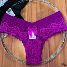 Kit 5 Calcinhas Tanga Barata Renda Trabalhada Forro em Algodão Bella Flor