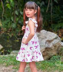 Butterfly Print Children's Dress With Straps And Ruffles - Màu hồng gỉ - Xem 2